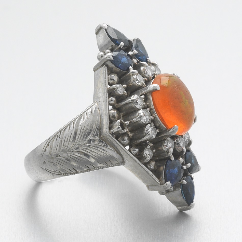 Platinum, Fire Opal, Diamond and Sapphire Ring - Image 5 of 7