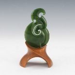 Carved Green Nephrite Jade MCM Cabinet Sculpture on Wood Base