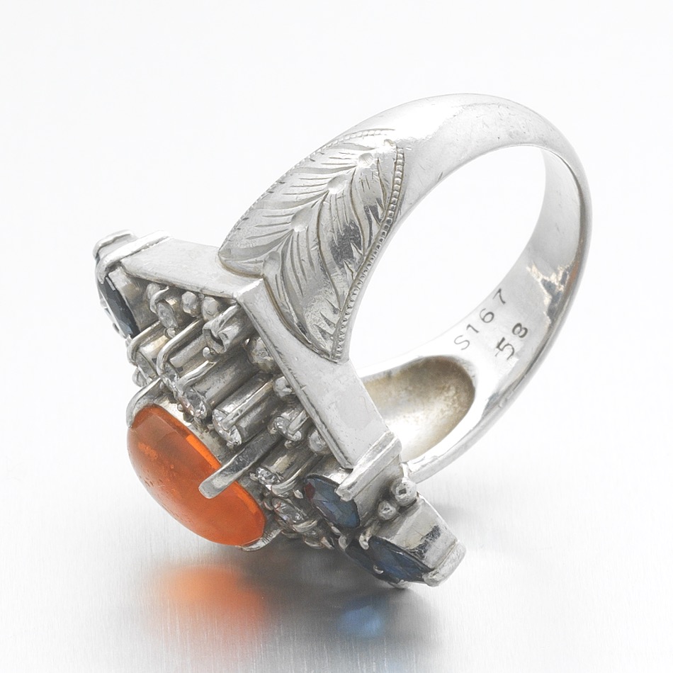 Platinum, Fire Opal, Diamond and Sapphire Ring - Image 6 of 7