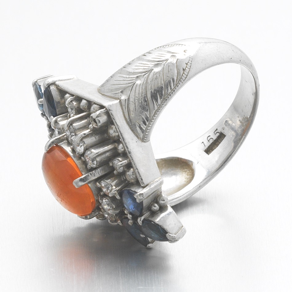 Platinum, Fire Opal, Diamond and Sapphire Ring - Image 7 of 7