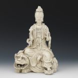 Blanc de Chine Porcelain Figure of Goddess Guanyin on Foo Lion, by Xu Yuyuan, Dehua, Fujian Provinc