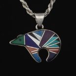 Zuni Native American Sterling Silver and Gemstone Bear Pendant on Chain, Canyon Collection