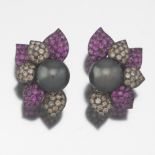 Ladies' Pair of Blackened Gold, 13 mm Tahitian Pearl, Pink Sapphire and Diamond Floral Ear Clips