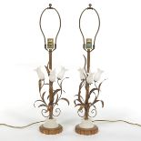 Pair of Gilt Metal and Carved Alabaster Floral Lamps on Gilt Wood Base