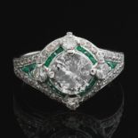 Art Deco Style Gold, Emerald 1.32 ct Diamond Center Ring