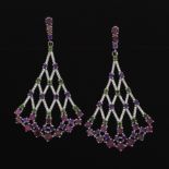 Ladies' Pair of Sterling Silver, Amethyst, Pink Tourmaline, Tsavorite and Clear Stone Lattice Dangl