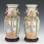 Pair of Chinese Export Porcelain Rose Medallion Vases on Wooden Stands