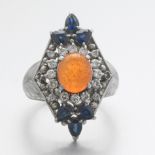 Platinum, Fire Opal, Diamond and Sapphire Ring