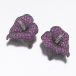 Ladies' Pair of Blackened Gold, Pink Sapphire and Diamond Cala Lily Ear Clips