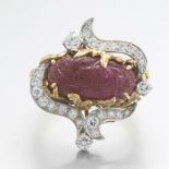 Exceptional Platinum, Gold, Diamond and Antique Mughal Carved Cameo Ruby Ring
