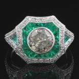 Art Deco Style Platinum 1.70 ct Diamond and Emerald Ring