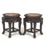 Chinese Pair of Carved Mahogany and Rosewood Stands with Marble Tops