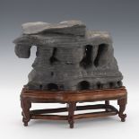 Chinese Lingbi "Elephant Mountain" Scholar's Rock on Carved Rose Wood Stand