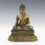 Tibetan Antique Gilt Bronze of Shakyamuni Buddha with Mother-of-Pearl Inlaid Eyes, in Varada Mudra