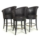 Three Mid-Century Modern Style Wood, Faux Leather and Steel Swivel Bar Stools