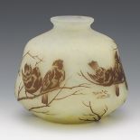 Muller Fres. Luneville Carved Cameo Glass Vase, "Nine Sparrows"