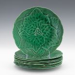 Eight France de Gien Faence Green Leaf Majolica Plates, ca. 1950's