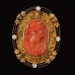 Carved Coral Cameo in Gold and Diamond Frame, ca. 1910