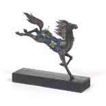 Chinese Export Sterling Silver and CloisonnÃ© Enamel Galloping Horse on Wooden Base