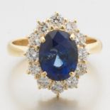 Ladies' Princess Diana Style Gold, 3.50 ct Natural Blue Sapphire and Diamond Ring, London Gem Lab L