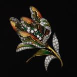 MOBA 3D Gold, Guilloche Enamel, Emerald and 7.30 Ct Total Diamond Exotic Flower Pin/Brooch