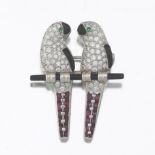 Ladies' Cartier Style Platinum, Diamond, Ruby, Emerald and Black Onyx Parrot Pin/Brooch
