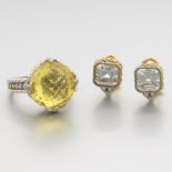 Judith Ripka Citrine Ring and Pair of Silver Ear Clips with Clear Stones