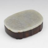 Chinese Imperial Carved White Pale Celadon Jadeite Jade Cover on Carved Rosewood Box, Qing Dynasty