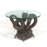 Chinese Patinated Bronze Brass Dragon Table with Beveled Glass Top