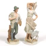 Two Large Porcelain Royal Dux Sculptures of Peasant Woman and Man, ca. after WWII