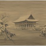 Japanese Framed Ink Painted Scroll on Silk, Gyeonghoeru Pavilion, by Yi Yun, ca. TaishÅ/Early ShÅw