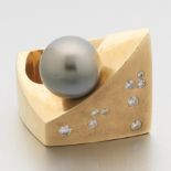Ladies' Gauthier Gold, 10 mm Tahitian Pearl, Diamond and Blue Sapphire Modernist Fashion Ring