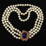 Ladies' Gold, Lapis Lazuli and Pearl Three-Strand Necklace