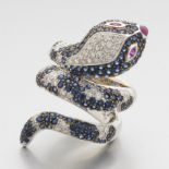 Sapphire and Diamond Coiled Snake Ring with Accent Rubies