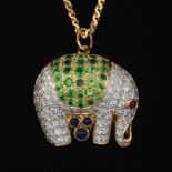 Ladies' Uno-A-Erre Italian Gold, Diamond, Peridot, Blue Sapphire and Ruby Elephant Pendant on Chain