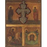 Russian Tripartite Icon with Bronzed Copper Cross, ca. Late 19th/Early 20th Century