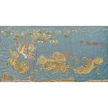 Chinese Silk and Gold Color Metallic Wrapped Silk Thread Embroidery of Foo Lion and Cubs