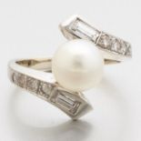 Ladies' Vintage Gold, Pearl and Diamond Bypass Ring