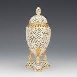 Royal Worcester Grainger & Co. England Gilt Porcelain Reticulated Pomander with Cover on Tripod, ca