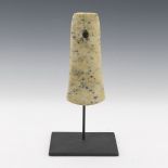 Chinese Hogshaqn Culture Carved Yellow Mottled Jade Axe Head, ca. 3000 CE, on Modern Iron Presentat