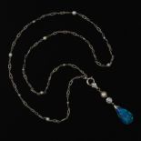 Ladies' Platinum, 8.70 ct Black Opal, Diamond, Seed Pearl Pendant on "Pearls-by-the-Yard" Chain