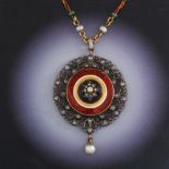 Carlo Giuliano (1874 -1895) Red Guilloche Enamel Necklace with Diamonds, Pearls, and Amethyst