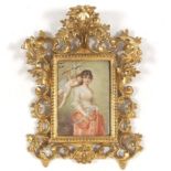 French Porcelain Hand Painted Plaque in Carved Gilt Wood Frame, after AndrÃ©-Charles Voillemot, ca.