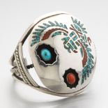 Zuni Sterling Silver, Turquoise and Coral Phoenix Bird Cuff Bracelet