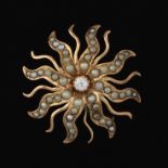 Victorian Starburst Diamond and Seed Pearl Brooch