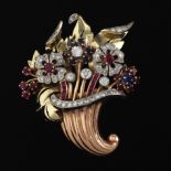 Retro Gold, Diamond and Gemstone Cornucopia Brooch