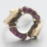 Ladies' Retro Gold, Moonstone and Ruby Ring