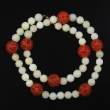 Chinese Jade and Carnelian Bead Necklace