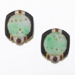 Pair of Carved Jade, Onyx, Diamond and Ruby Earrings