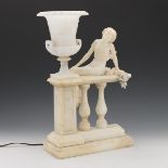 Alabaster Lamp Depicting a Woman Seated On a Baluster Railing
